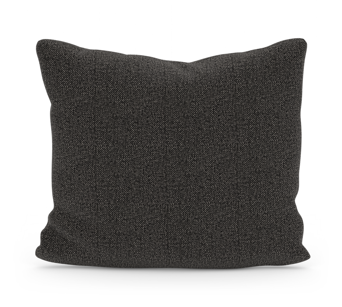 Mörkgrå kvadratisk kudde i textil, frilagd på vit bakgrund.