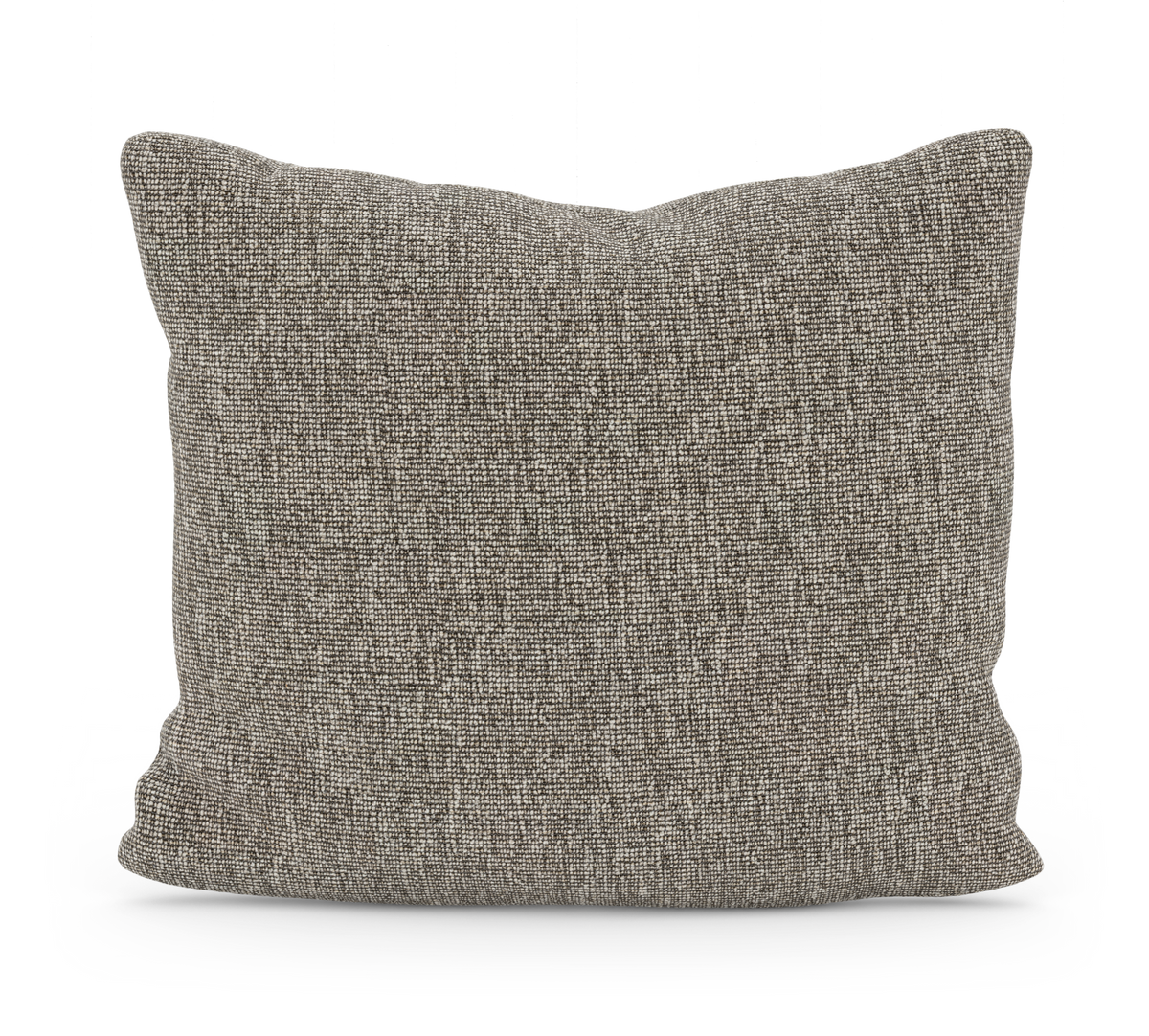 Kvadratisk prydnadskudde i melerad beige‑grå textil, fristående mot vit bakgrund.