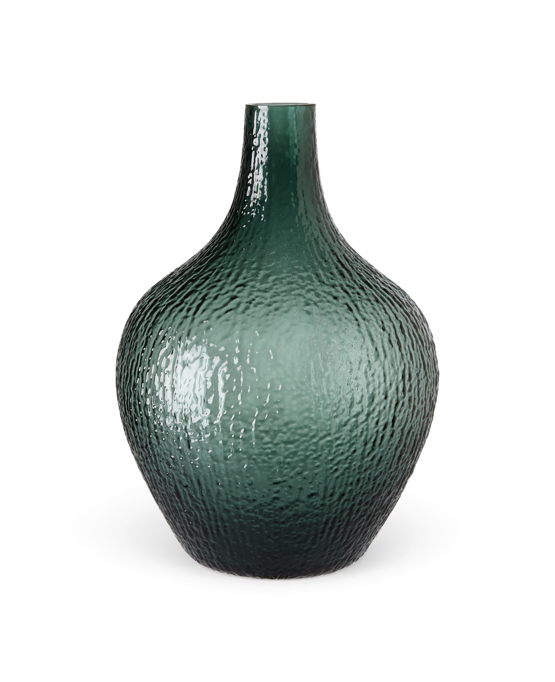 Grön texturerad glasvas med rund bukig form och smal hals.