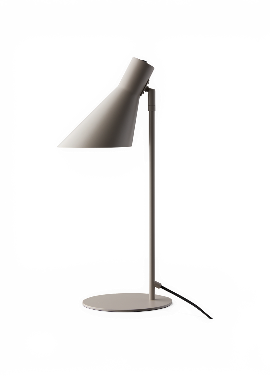Modern bordslampa i matt grå/beige med konisk skärm och rund fot, sidovy.