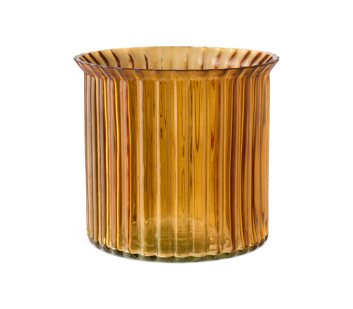Bärnstensfärgad räfflad glasvas i cylindrisk form, modern och enkel design.