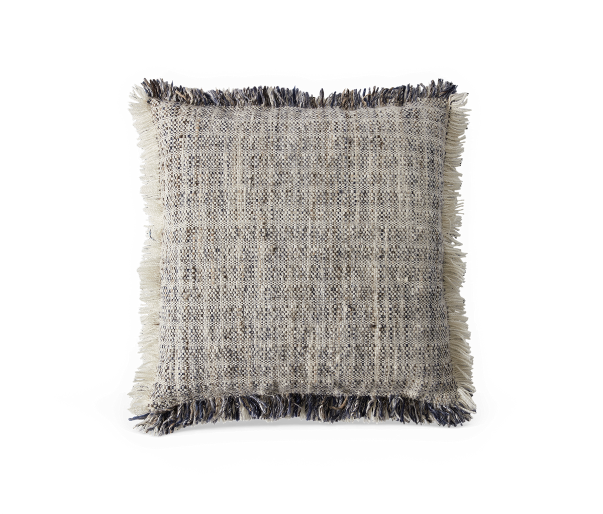 Kvadratisk kudde i vävd beige/grå textil med fransad kant.