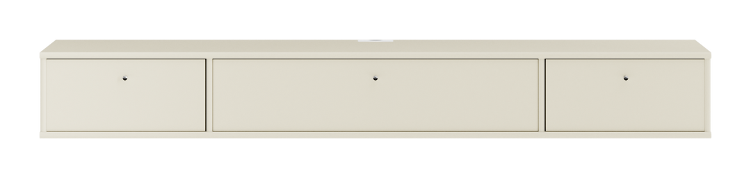 Beige låg förvaringsenhet med tre luckor, frontvy.