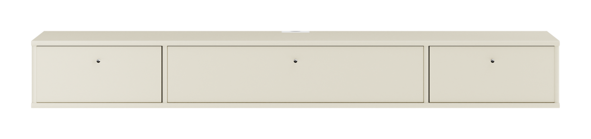 Beige låg förvaringsenhet med tre luckor, frontvy.