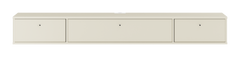 Beige låg förvaringsenhet med tre luckor, frontvy.
