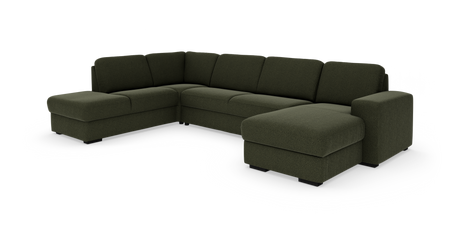 Mörkgrön U-formad modulsoffa med chaiselounge på båda sidor, frilagd mot vit bakgrund.
