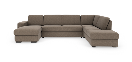 Modulsoffa i L-form med vänster schäslong och höger avslut, klädd i beige tyg, fristående mot vit bakgrund.