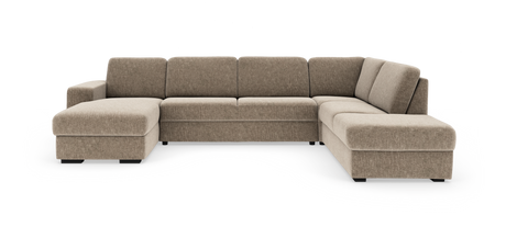 Beige modulsoffa i L-form med schäslong, frilagd på vit bakgrund.