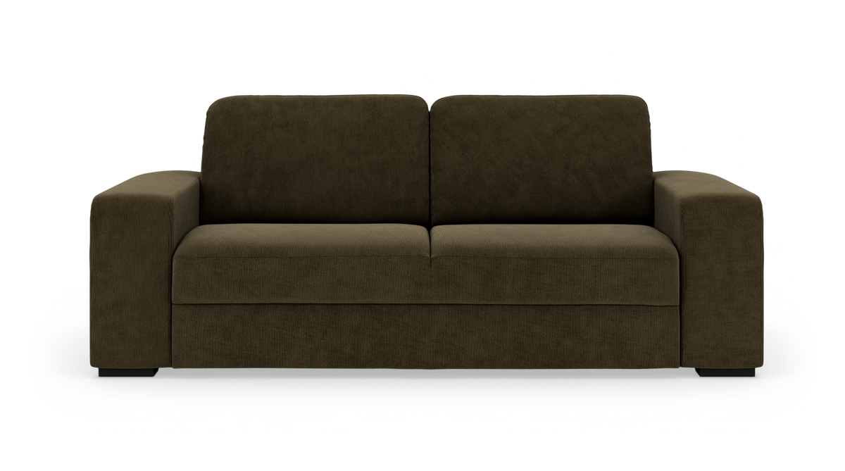 Soffa i olivgrön bredribbad manchester, modern rak design i frontvy mot vit bakgrund.