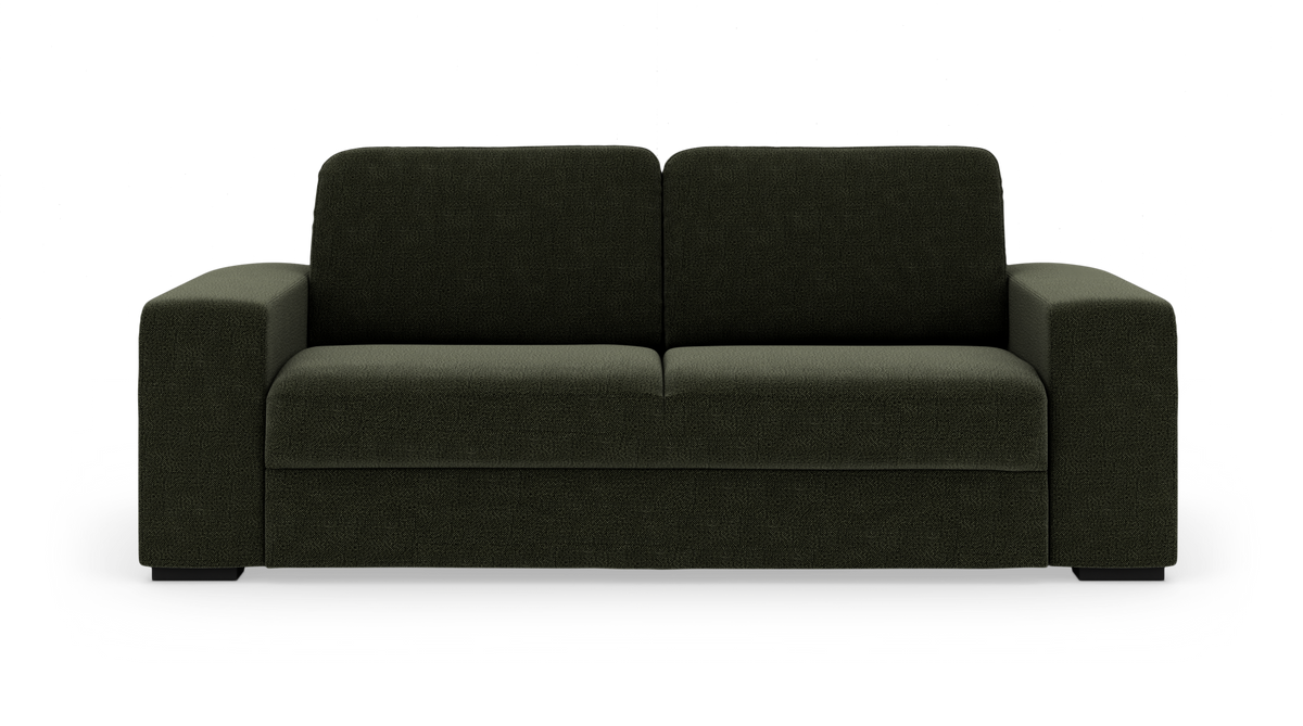Mörkgrön modern 3-sits soffa sedd rakt fram, frilagd på vit bakgrund.