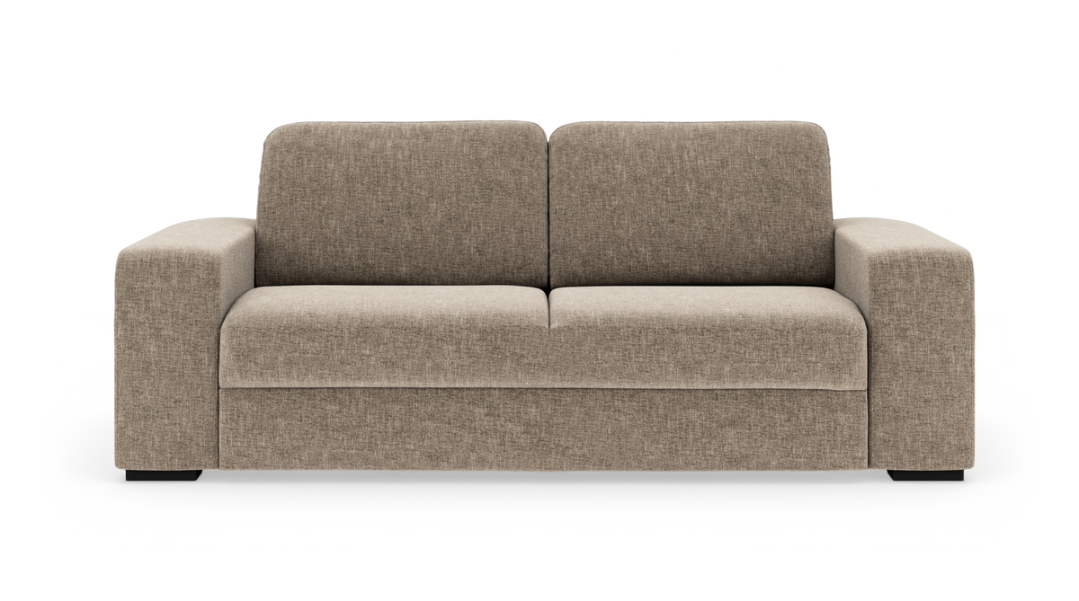 Beige soffa med breda, raka armstöd, frontvy mot vit bakgrund.