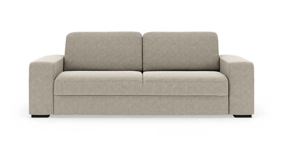 Beige 3‑sits soffa med raka armstöd, sedd rakt fram mot vit bakgrund.