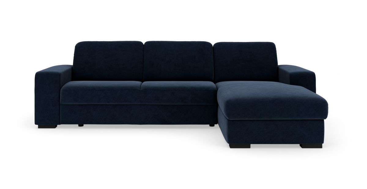 Mörkblå hörnsoffa med schäslong til højre, modern rak design.