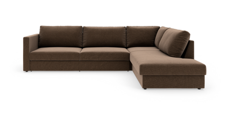 Brun L-formad modulsoffa med schäslong till höger på vit bakgrund.