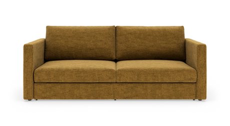 Framifrån sedd modern 2‑sits soffa i senapsgul tygklädsel mot vit studiobakgrund.