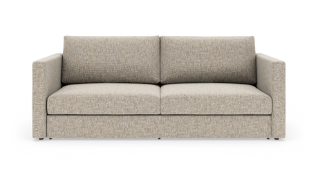 Beige 2-sits soffa i tyg med raka armstöd, två sittdynor och två ryggkuddar, frilagd på vit bakgrund.
