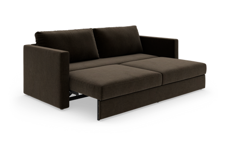 Mörkbrun bäddsoffa med raka armstöd och två ryggkuddar, utdragen till sängläge.