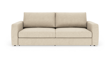 Beige 3‑sits soffa med raka armstöd, frontvy mot vit bakgrund.