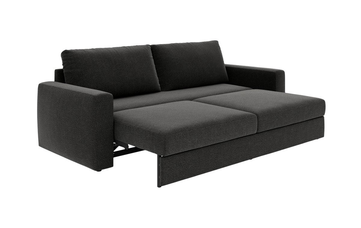 Mörkgrå bäddsoffa i modern design, visad i utfällt läge med två ryggkuddar.