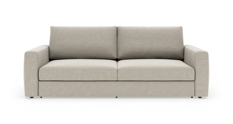 Beige soffa med raka armstöd, två sittdynor och två ryggkuddar på vit bakgrund.