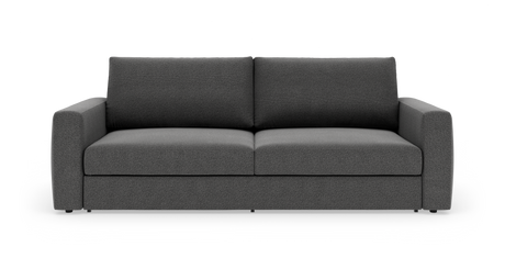Mörkgrå, modern tresitssoffa i tyg med raka armstöd, två sittdynor och två ryggkuddar, frilagd mot vit bakgrund, sedd rakt framifrån.
