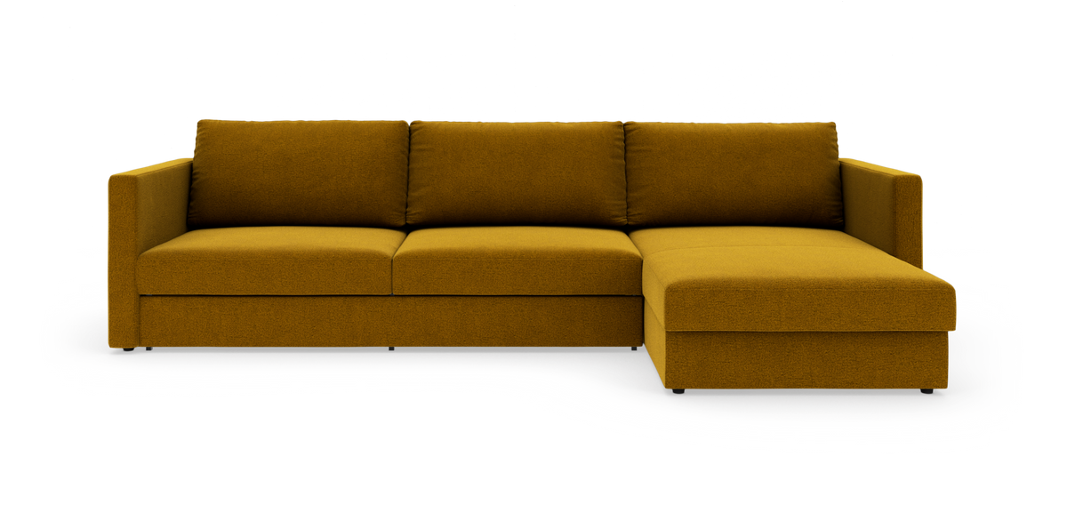 Soffa i senapsgul tyg med höger divan, frilagd mot vit bakgrund.