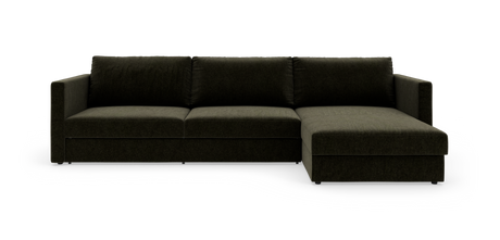 Mörkgrön hörnsoffa med schäslong till höger i modern, rak design på vit bakgrund.