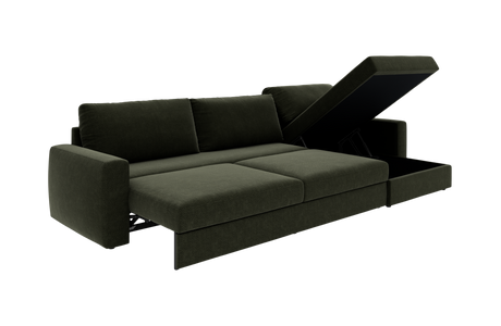 Mörkgrön bäddsoffa i modern design med öppningsbar schäslong med förvaring, tre ryggkuddar och breda armstöd, frilagd mot vit bakgrund.