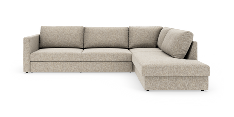 Beige L-formad hörnsoffa med schäslong till höger, tygklädd och modern, fristående mot vit bakgrund.
