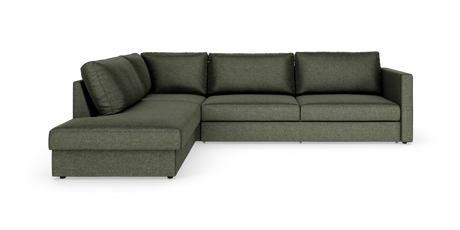 Grön L-formad modulsoffa med vänsterställd schäslong och tygklädsel, modern och ren produktbild mot vit bakgrund.