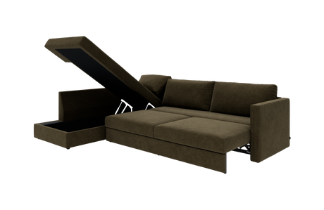 Brun sovesofa/hörnbäddsoffa med chäslong, åben/öppet opbevaringsfack og udtrukket liggedel.