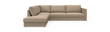Beige L‑soffa med vänster divandel, rena linjer och mjuka ryggkuddar mot svart bakgrund.