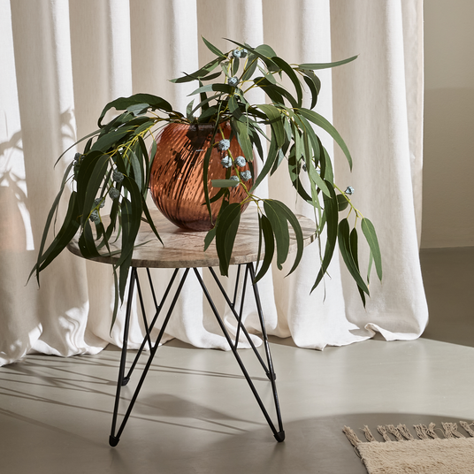 Eukalyptus i bärnstensfärgad glasvas på runt sidobord med hårnålsben framför ljusa gardiner i soligt dagsljus.