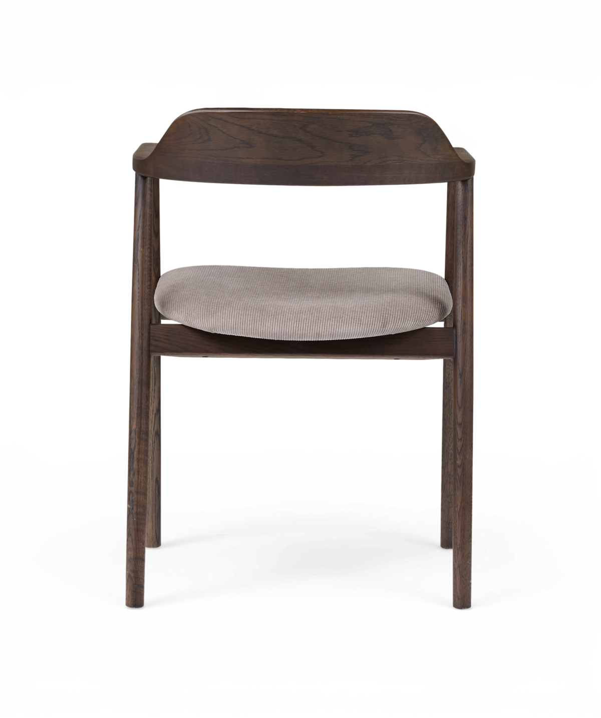 Mörkbetsad trästol med rundad rygg och ljus beige sits, frontvy på vit bakgrund.
