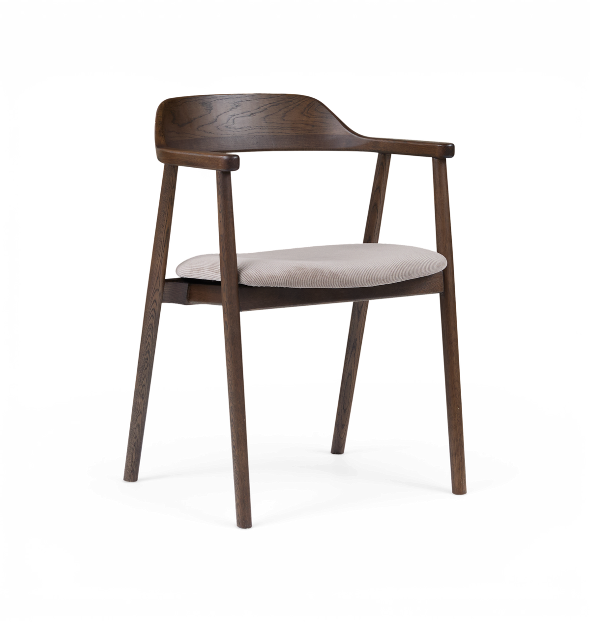 Modern stol i mörkbetsat trä med stoppad ljusgrå sits, fotograferad i studio.