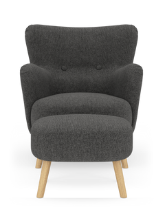 Mörkgrå fåtölj med knappar i ryggen og ljusa träben, frilagd mot vit bakgrund.