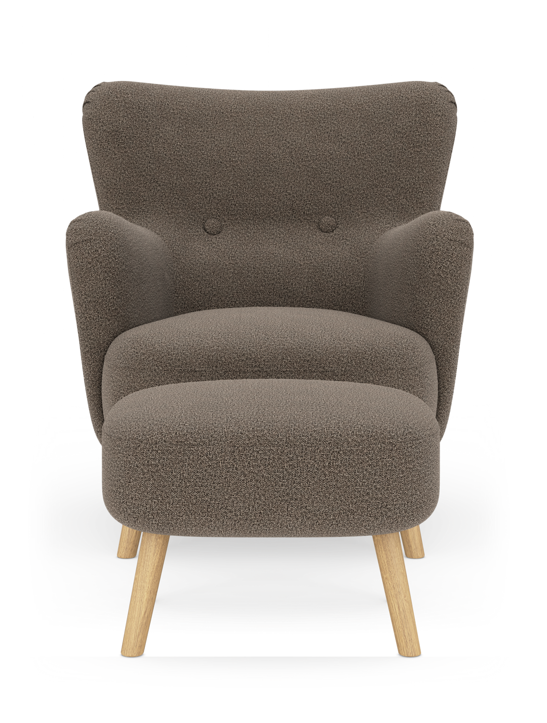 Brun loungestol med hög rygg och matchande ottoman, träben, frilagd mot vit bakgrund.