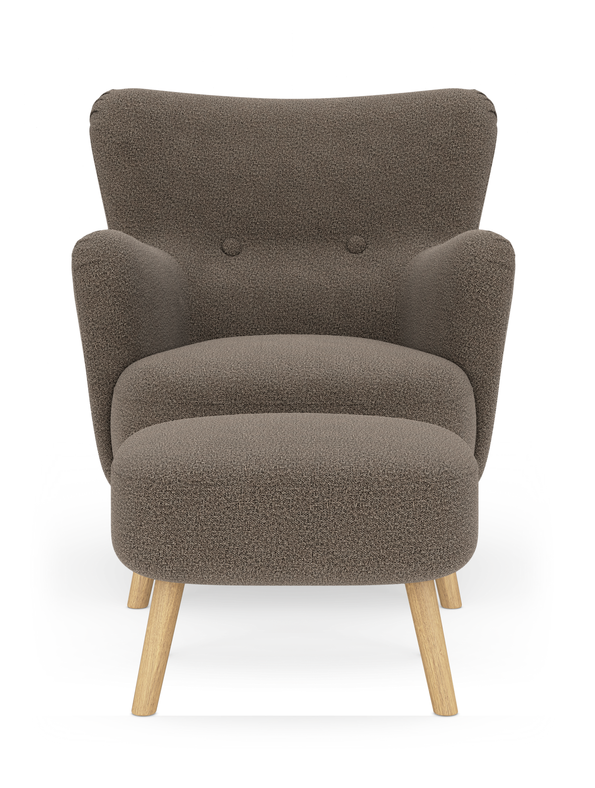 Brun loungestol med hög rygg och matchande ottoman, träben, frilagd mot vit bakgrund.