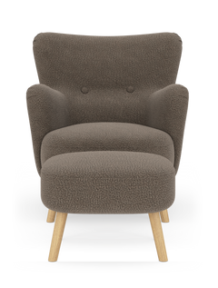 Brun loungestol med hög rygg och matchande ottoman, träben, frilagd mot vit bakgrund.