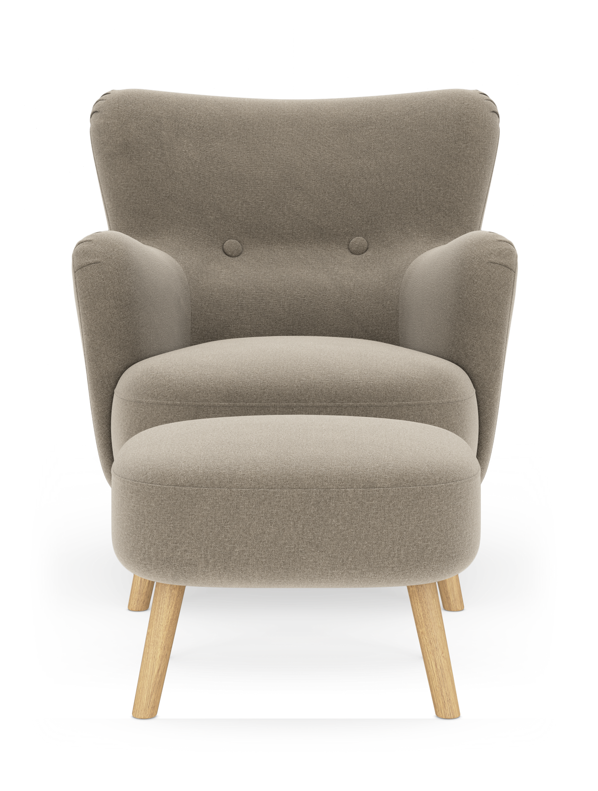 Beige fåtölj med ottoman i tyg och ljusa träben, frontvy på vit bakgrund.