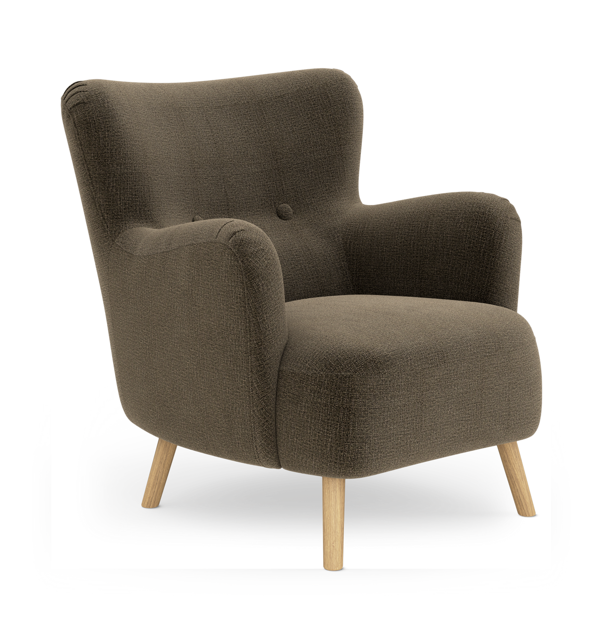 Brun fåtölj med ljusa träben och mjuk, rundad design.
