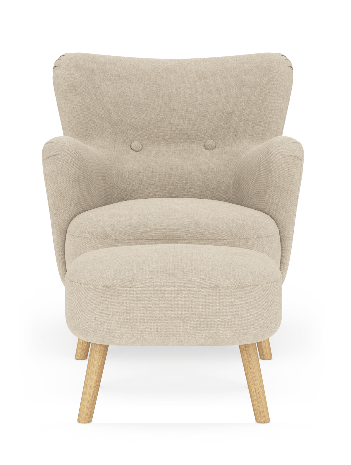 Beige fåtölj med matchande fotpall och ljusa träben, sedd rakt framifrån mot vit bakgrund.