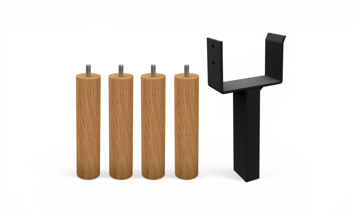 Set med fyra runda träben med metallskruv samt ett svart metallfäste/ben för möbler.