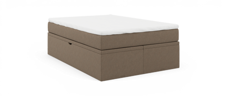 Beige enkelsäng med vit bäddmadrass, frilagd i vinkel.