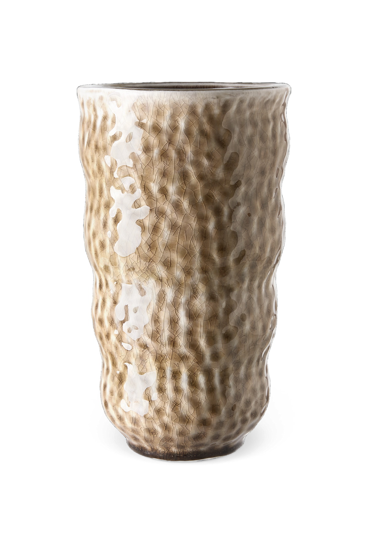 Texturerad keramisk vas med krackelerad glasyr i beige och vitt mot svart bakgrund.