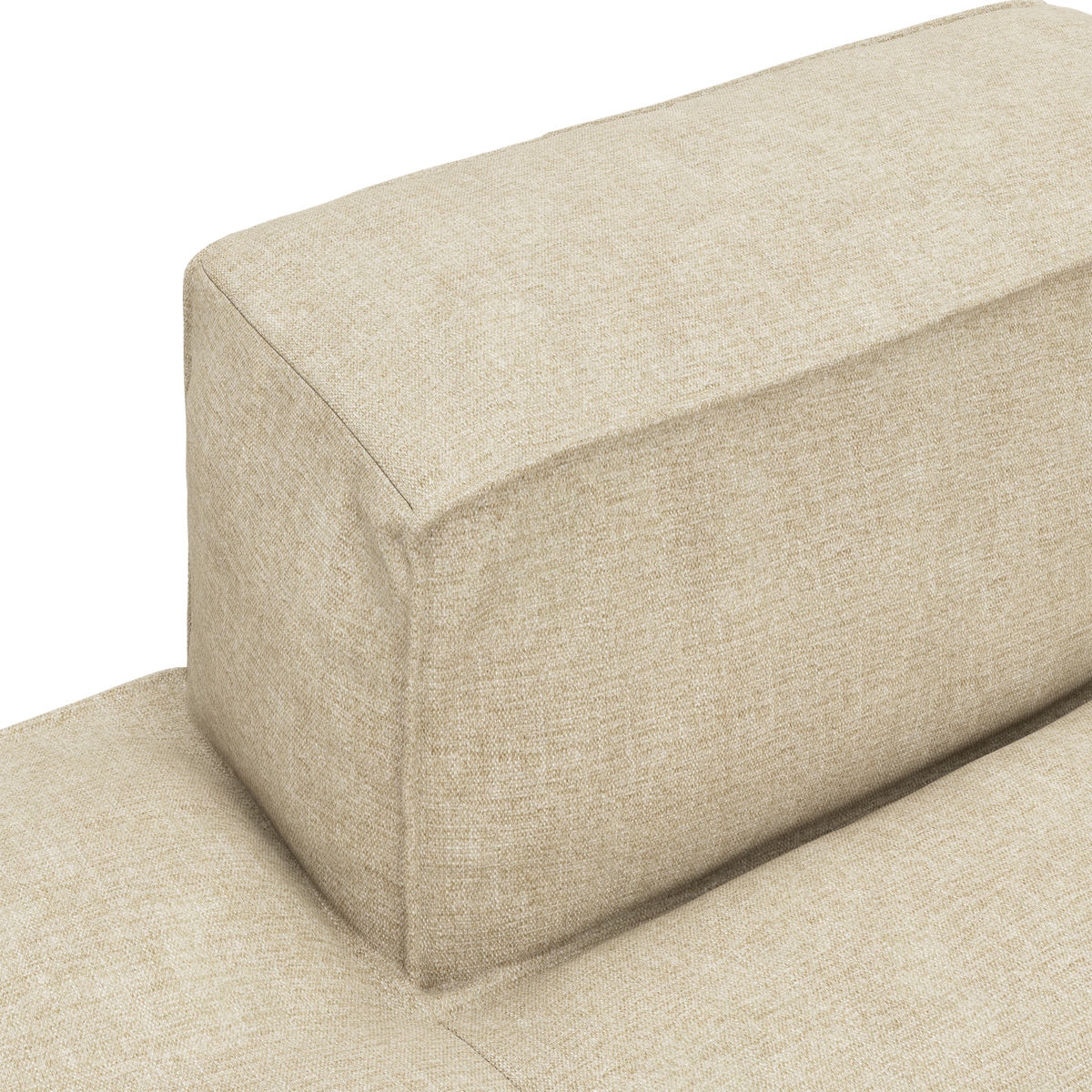 Närbild av beige textilklädd soffrygg/rygdkudde i rektangulär modul.