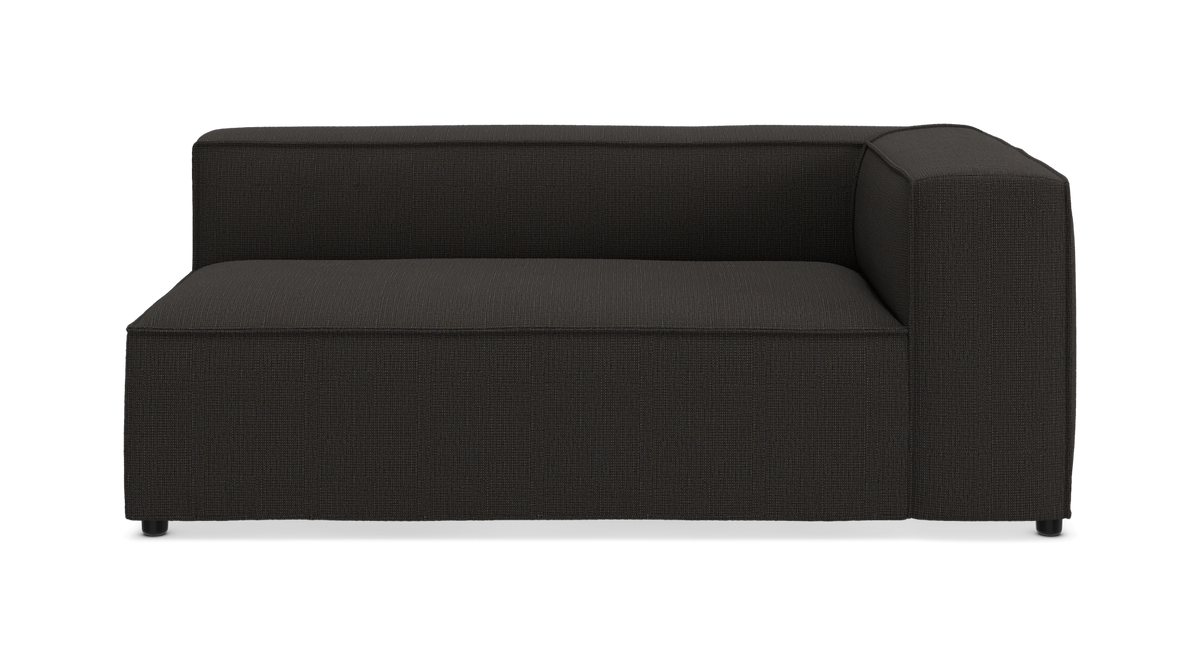 Mörk modulsoffa/chaise med höger armstöd, frontvy på vit bakgrund.