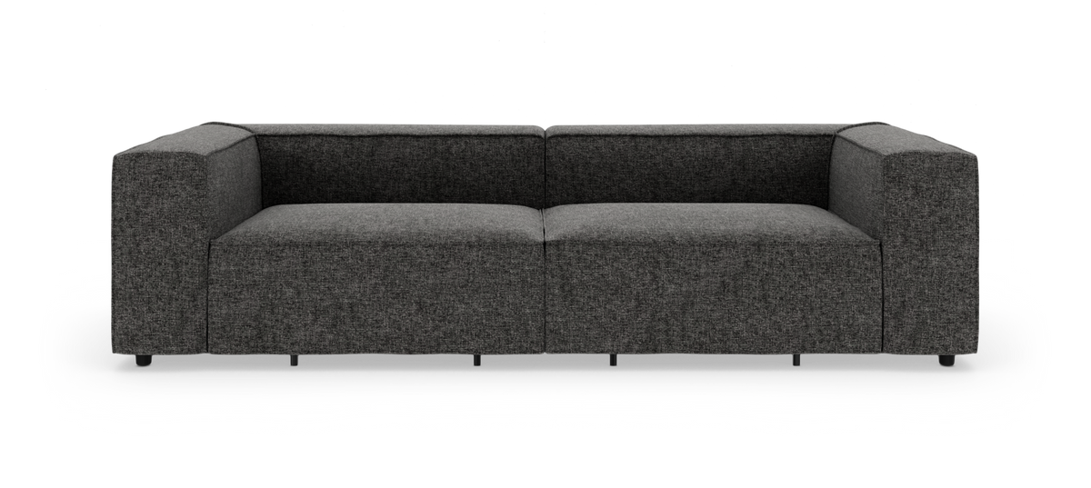 Mörkgrå modern modulsoffa med kraftiga armstöd, frilagd mot vit bakgrund.