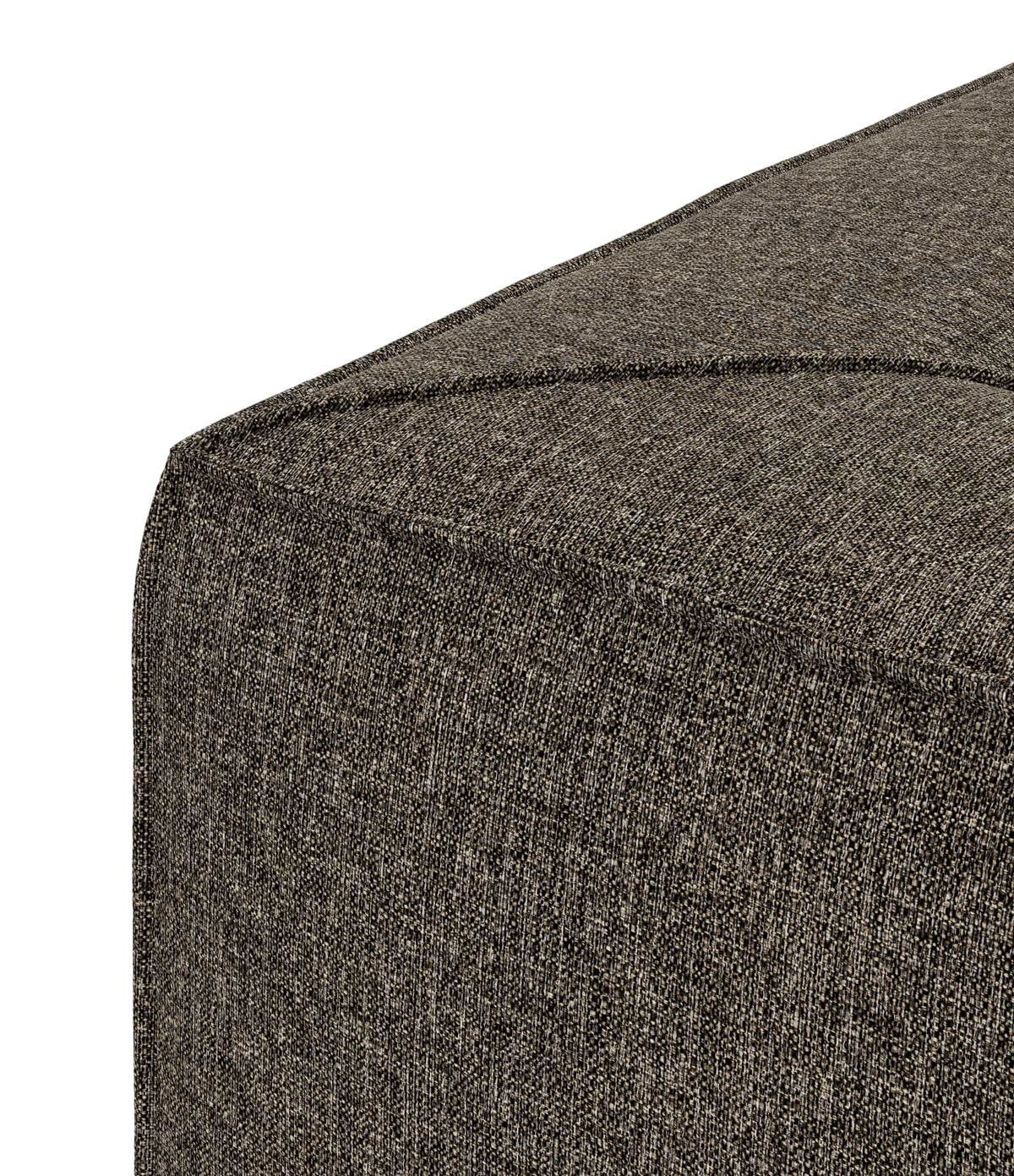 Närbild av hörnet på en kvadratisk puf/ottoman i mörkgrå melerad textil, studiofoto.