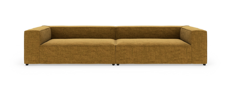 Modern modulsoffa i senapsgul textil på vit bakgrund, frontvy.
